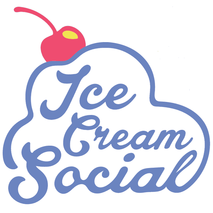 Ice Cream Social in blue scoop with red cherry on top