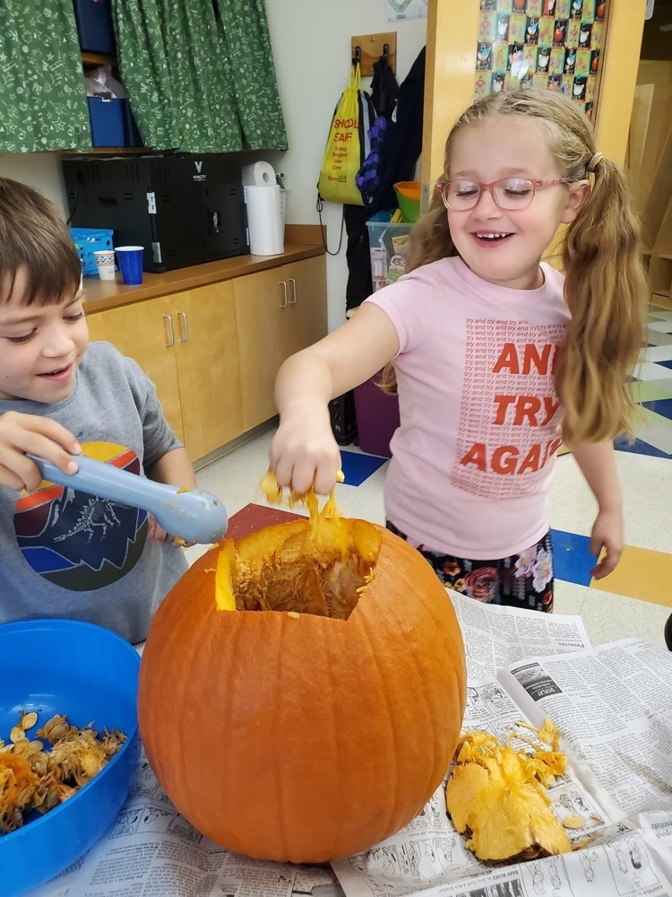 Students scoop out pumpkins guts 