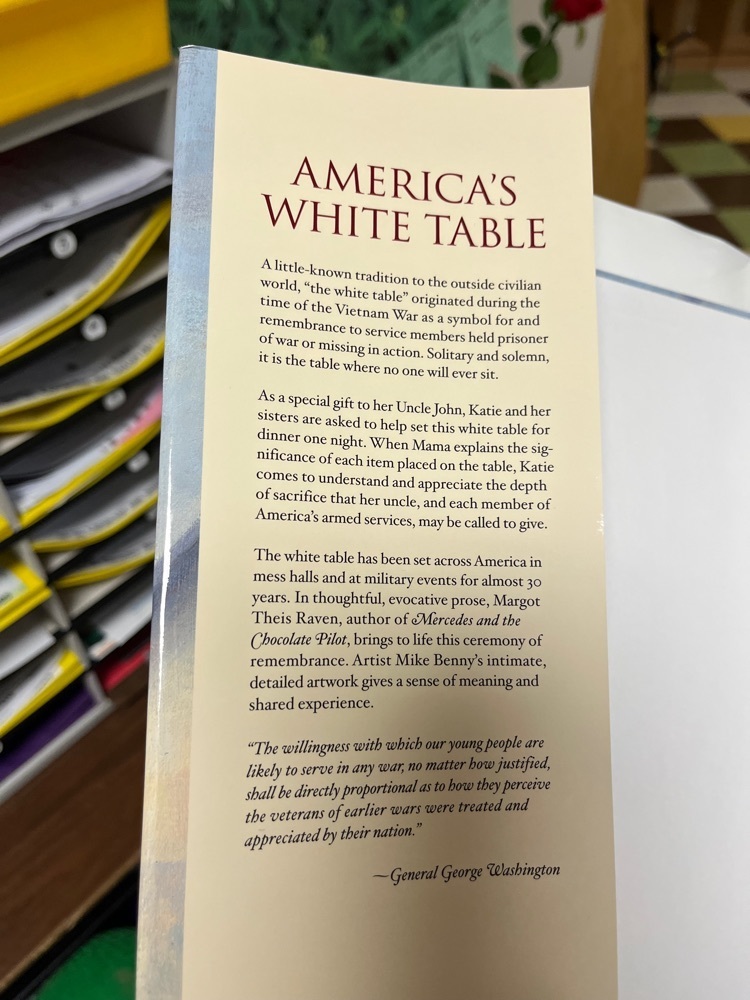 inside book jacket describing “white table” veterans tradition