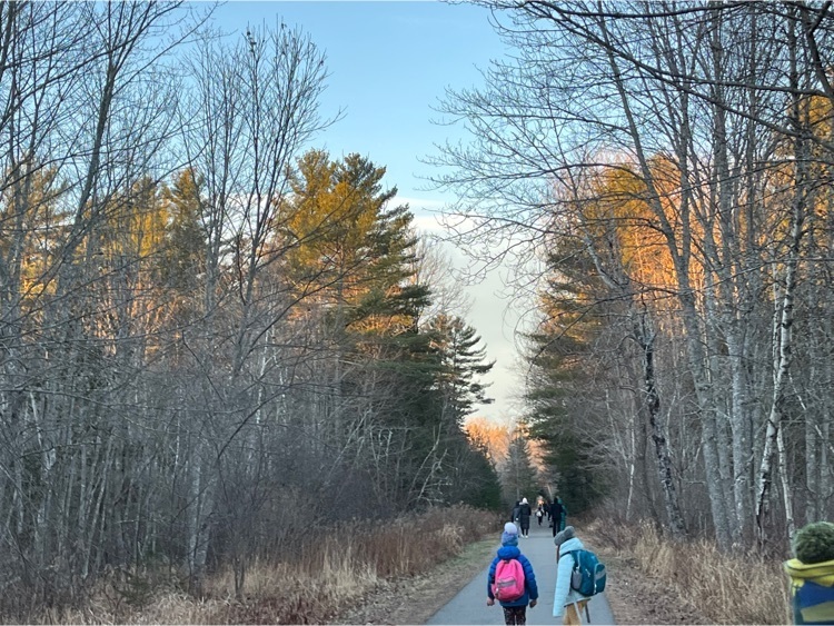 students and families walking to school on a tar path in the woods