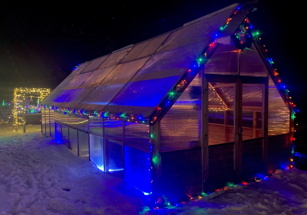 Greenhouse and garden with lit holiday lights