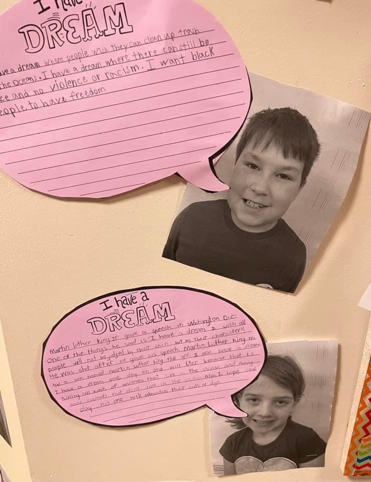 photos of two fourth graders with handwritten speech bubbles containing their responses to “I have a dream…"