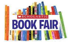 SCHOLASTIC BOOK FAIR on background of book spines