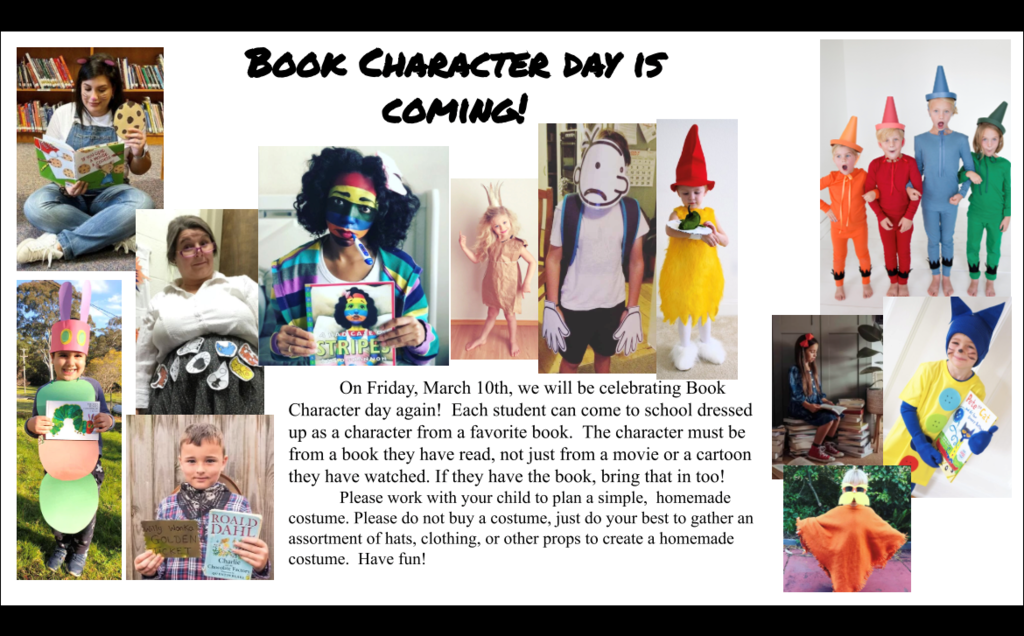 Book Character Day is Coming! flier with images of students dressed up like book characters