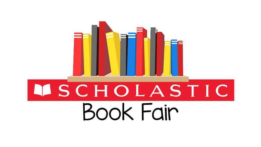 SCHOLASTIC Book Fair with shelf of red, yellow, grey and blue books above it