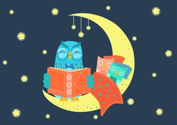 owl sitting in a moon reading to smaller owls tucked under a blanket